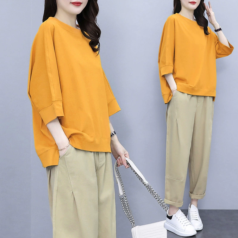 Повседневный костюм женский 2021 весна лето новый простой гонконгский стиль темпераментный топ иностранное снижение возраста ins бабушки брюки