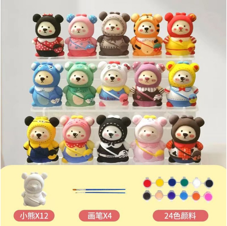 백팩 베어 12개의 흰색 배아에는 24가지 색상의 페인트와 4개의 브러시가 함께 제공됩니다.