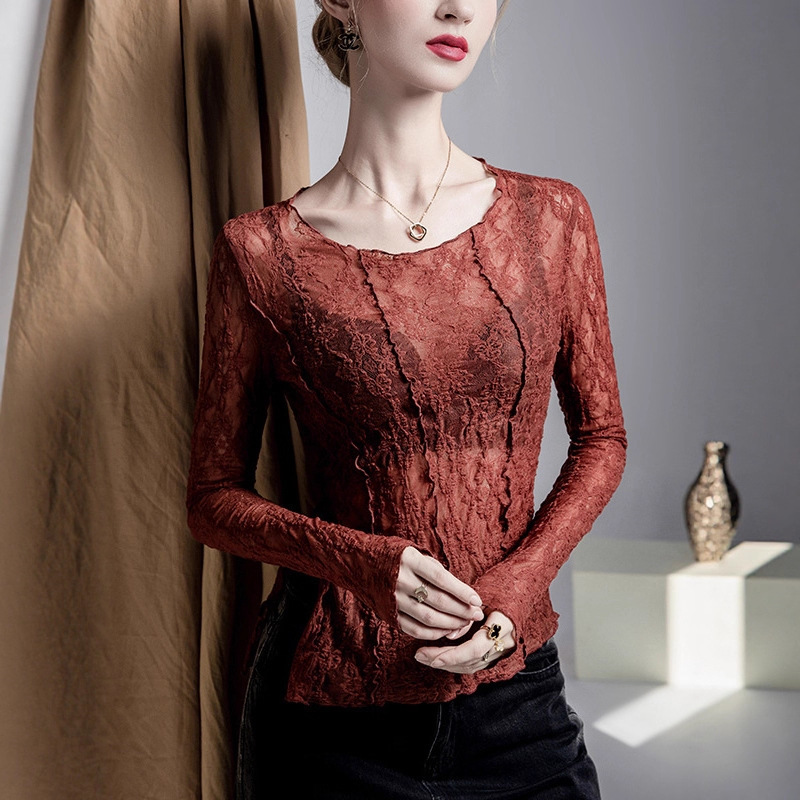 Lace Bottoming Shirt Women's Long-Sleeved Style Shirt Long-Sleeved 2025 Autum New Sexy See-Through Fungus Edge Top Lace Bottoming Shirt Women's Long-Sleeved Style Shirt Long-Sleeved 2025 Autum New Sexy See-Through Fungus Edge Top