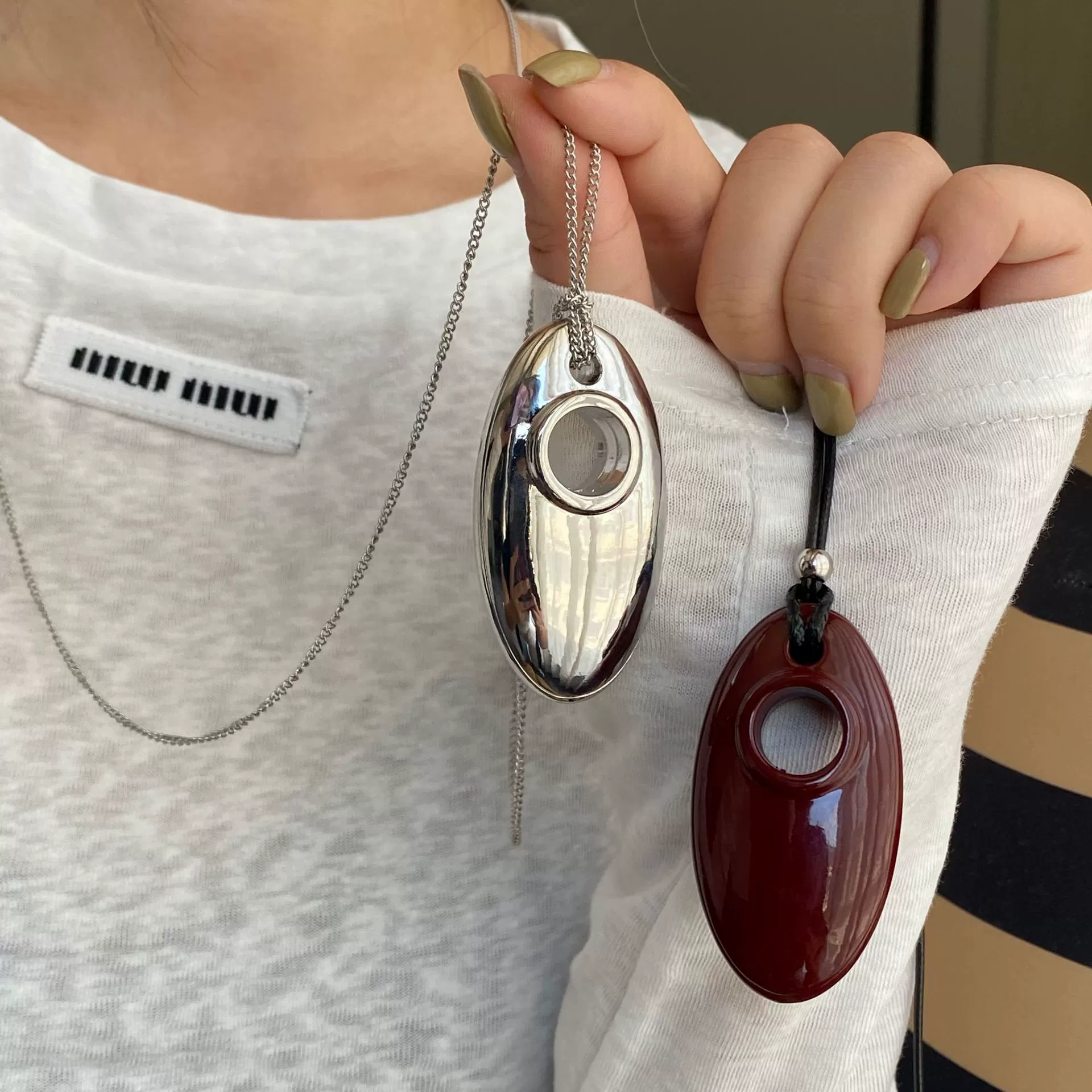 Pendant Necklace, Stainless Steel & Leather Rope, Burgundy/Black/Silver, 7 cm Pendant