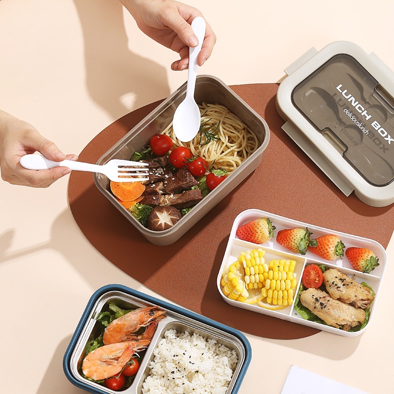 Inswind PP caja de comida ligera de doble capa con cubiertos 304 caja de almuerzo de acero inoxidable conveniente caja de frutas de picnic