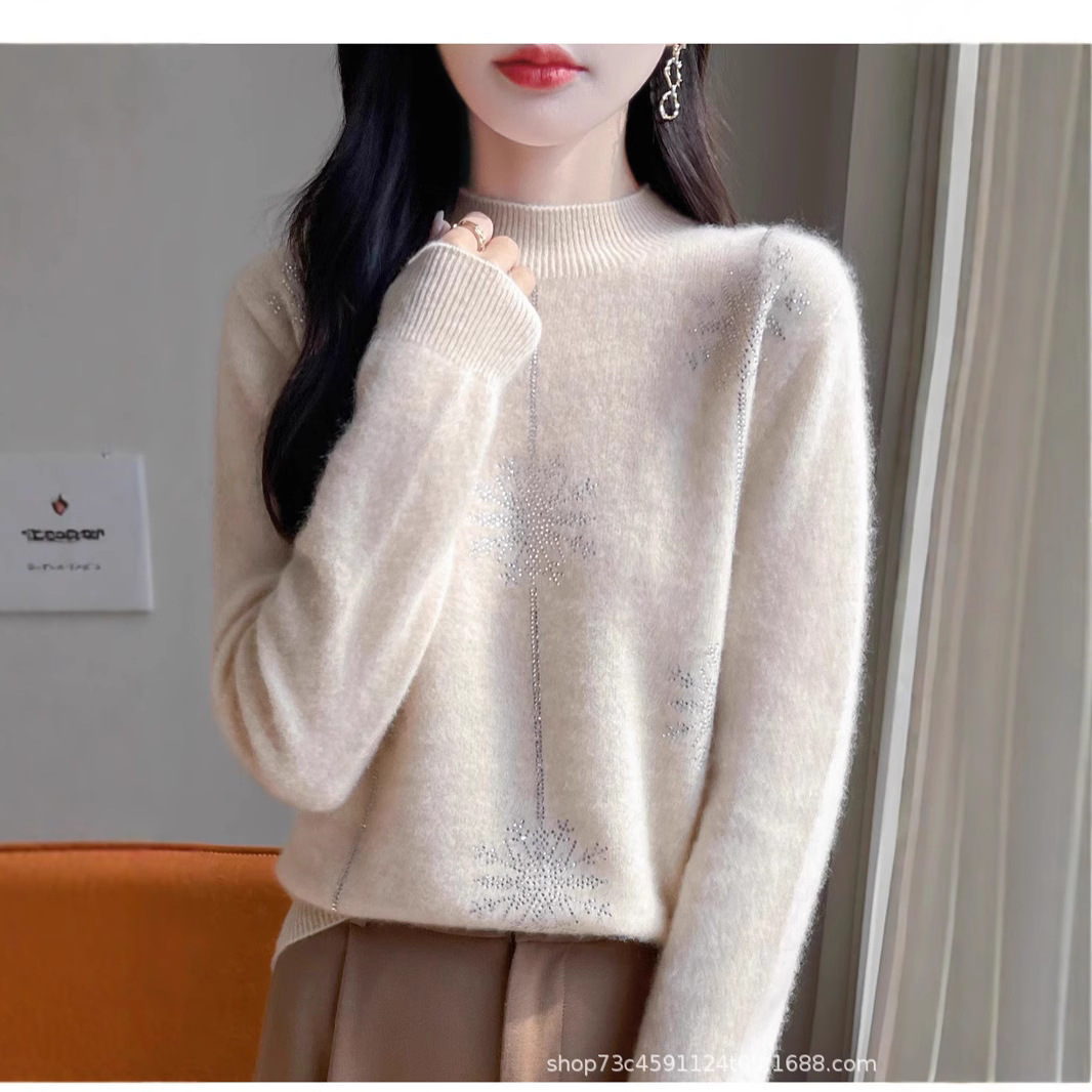2025 새로운 세미 하이 칼라 모조 다이아몬드 기질 스웨터 여성의 느슨한 풀오버 두꺼운 니트 캐시미어 바닥 스웨터