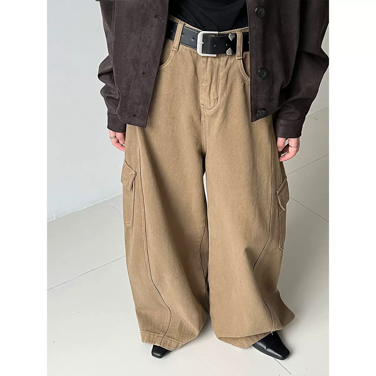 鹿西韩系复古大口袋工装阔腿裤女2025秋新款宽松遮肉牛仔裤33123