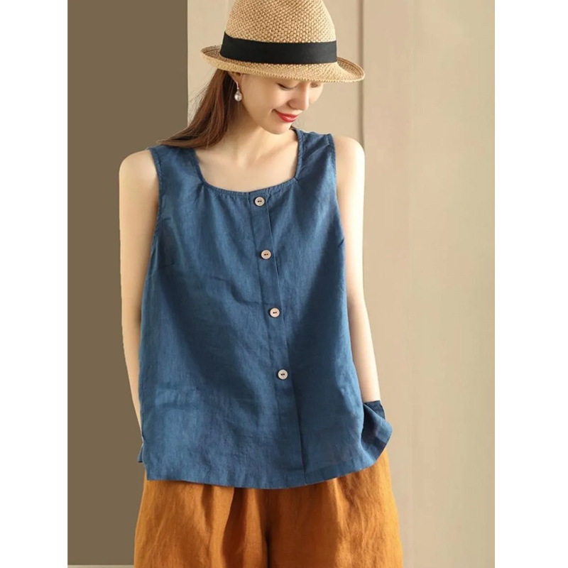 Cotton and Linen Sleeveless T-Shirt, This Summer's Simple Button-Decorated Vest, Versatile Loose Vest, T-Shirt Pullover Top