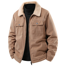 加绒加厚灯芯绒外套秋冬季男士翻领羊羔绒工装多袋夹克跨境棉衣潮