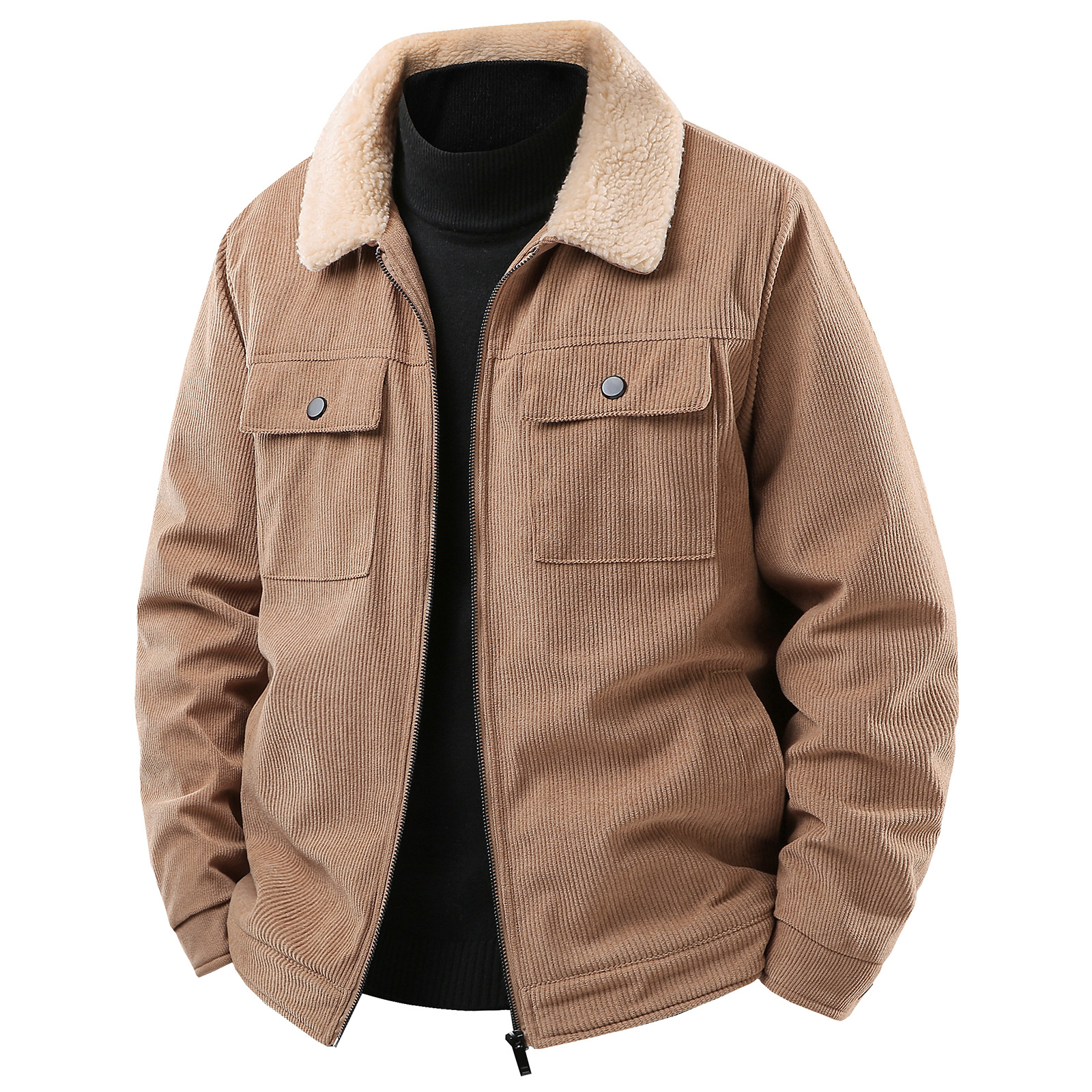 加绒加厚灯芯绒外套秋冬季男士翻领羊羔绒工装多袋夹克跨境棉衣潮