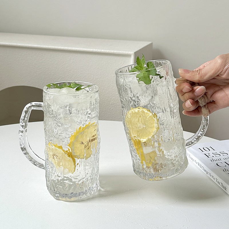樹紋帶把手玻璃杯ins風大容量夏季家用喝水杯啤酒杯果汁杯冷飲杯