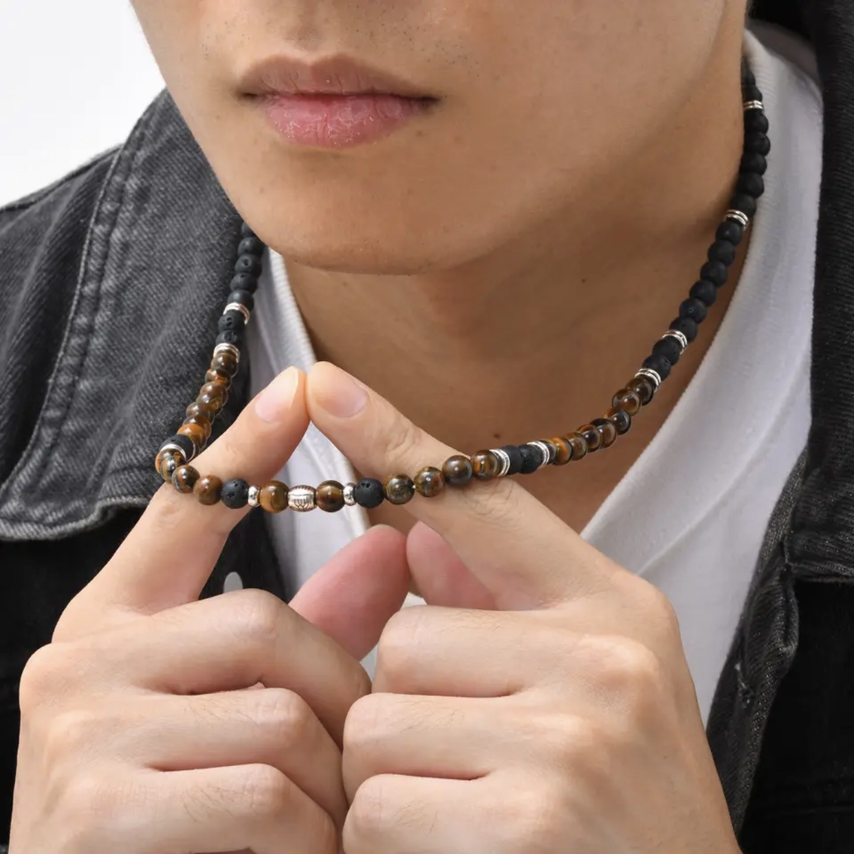 European and American Fashion Personalized Tiger Eye Beaded Necklace Men's Hip-hop Niche Design Sense Cross-border Men's Beach Clavicle Chain