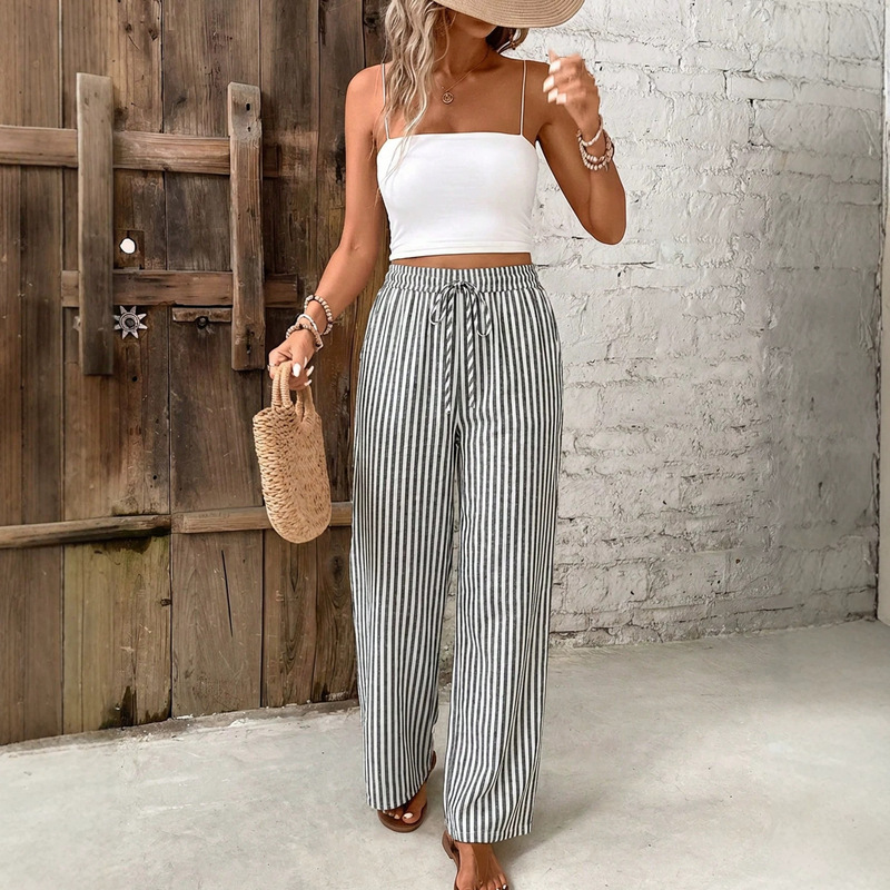 2026 European and American independent site Amazon drawstring pocket striped casual long pants, wide-leg pants, straight-leg pants, women's hot-selling item 2026 European and American independent site Amazon drawstring pocket striped casual long pants, wide-leg pants, straight-leg pants, women's hot-selling item