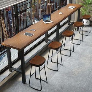 Nordic Wood Color Bar Table and Chair Combination Wrought Iron Solid Wood Bar High Table Milk Tea Shop Cake Shop Wall Narrow Table
