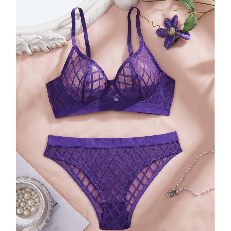 Temu European and American Cross-Border Pure Lust Style Black Plaid Sexy See-Through Comfortable Non-Restraint Lace Intimates Set