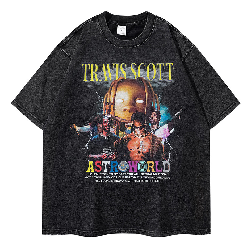Travis Scott Retro American Heavy Washed T-Shirt Printed Summer Cross-Border Gothic Loose and Versatile Trend