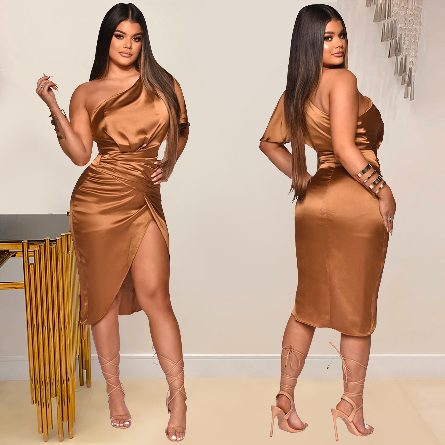 X5273 transfronterizo nuevo producto AliExpress Amazon moda europea y americana color sólido de las mujeres de un solo hombro split MIDI falda vestido image 4