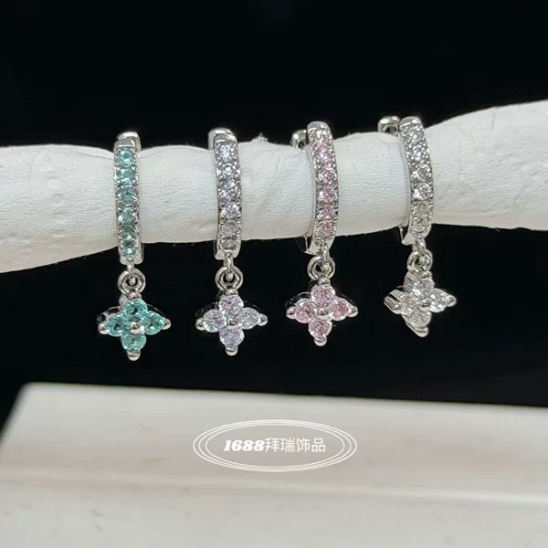 Light Luxury and Elegant Four-Leaf Clover Flower Earrings with Micro-Inlaid Zirconium, Straight Pin Ear Hoops, Fashionable Stackable Eco-Friendly Electroplated Earrings