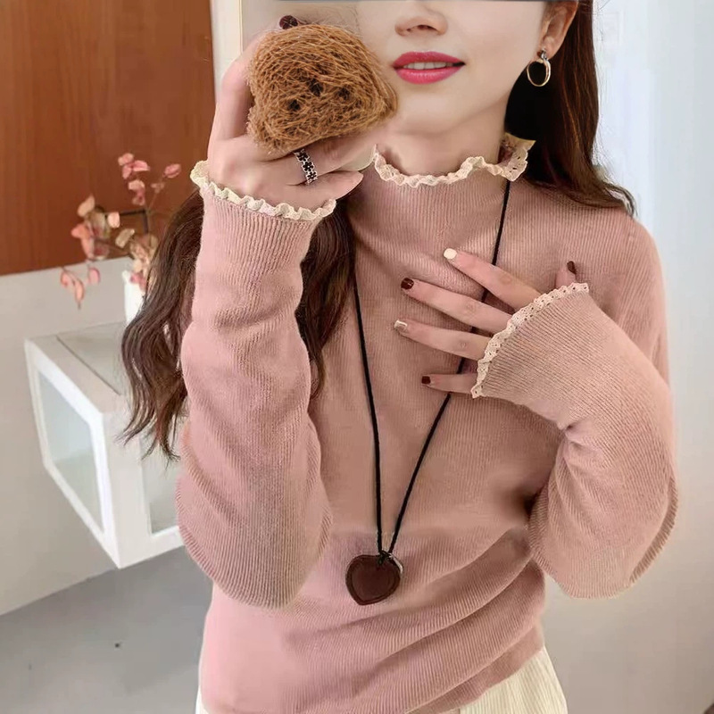 Lace-Trimmed Half-Turtleneck Knit Sweater for Women, Stylish Fake Two-Piece Sweater for Autumn and Winter Layering