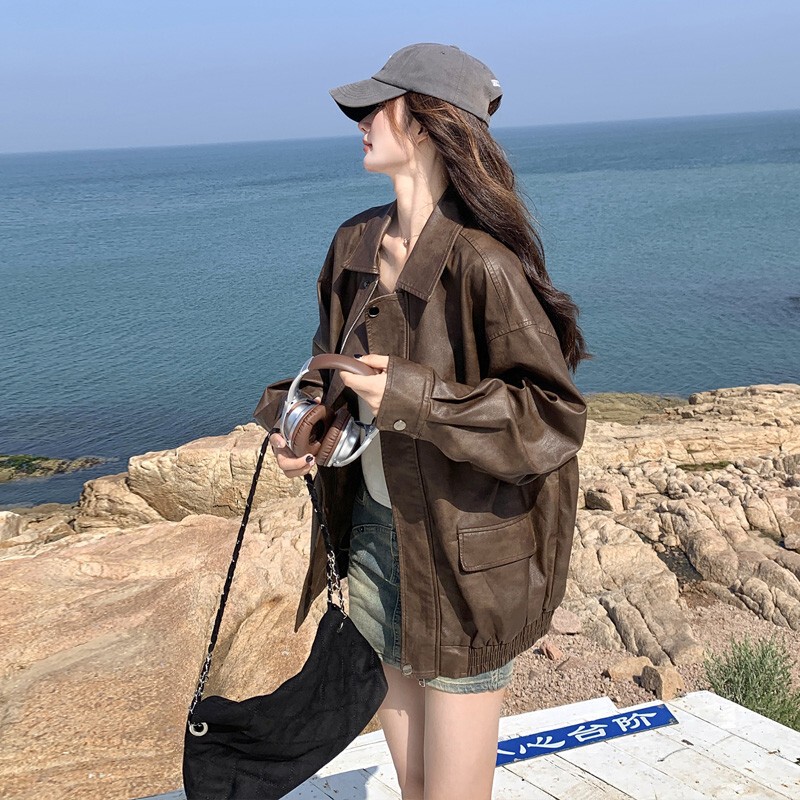 Maillard Retro Pu Leather Jacket for Women 2025 Spring & Fall New Korean Style Street Motorcycle Style Leather Jacket
