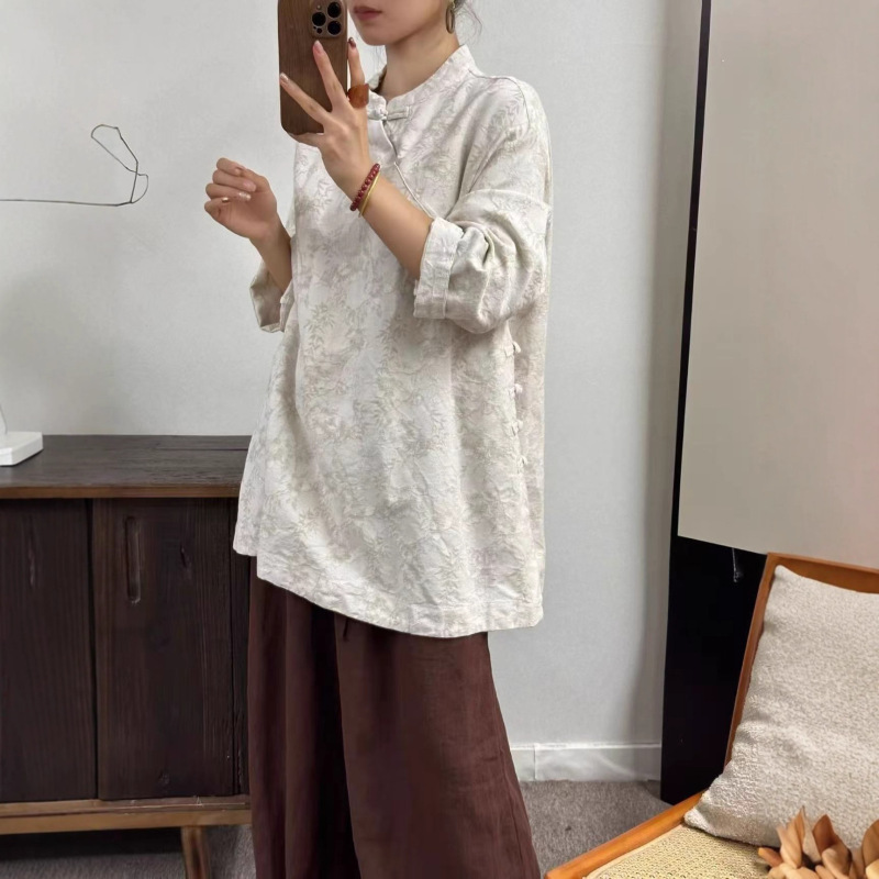 新品立领斜襟外穿宽松中式女衬衫盘扣茶服复古亚麻提花上衣|undefined