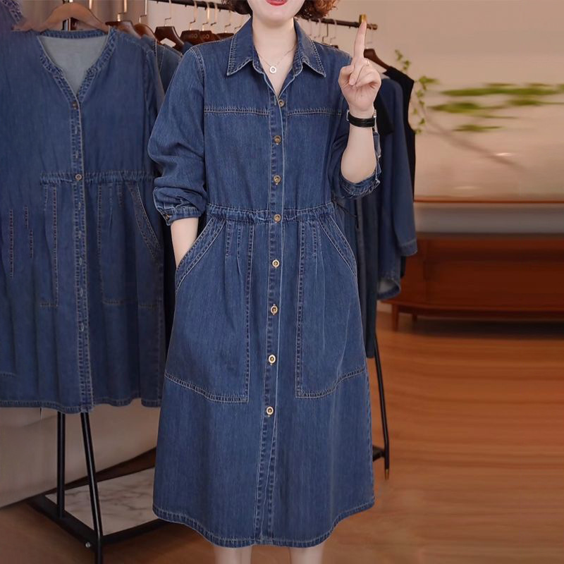 秋季长袖牛仔连衣裙女2025新款大码遮肉遮胯显瘦过膝休闲百搭裙子|undefined