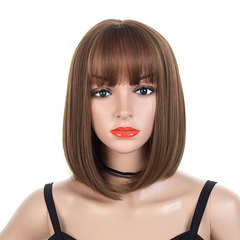 欧米のファッションのかつらの女性の茶色の平前髪の短いストレートのbobo波の頭のショートのかつらの頭のカバー