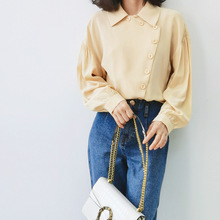 新款新中式真丝双绉砂洗衬衫女 斜门襟落肩长袖宽松桑蚕丝衬衣