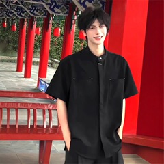 新中式襟付きアイスシルク半袖シャツ メンズ 婚約式着用 国風シャツ 五分袖 ノーアイロン 防シワ