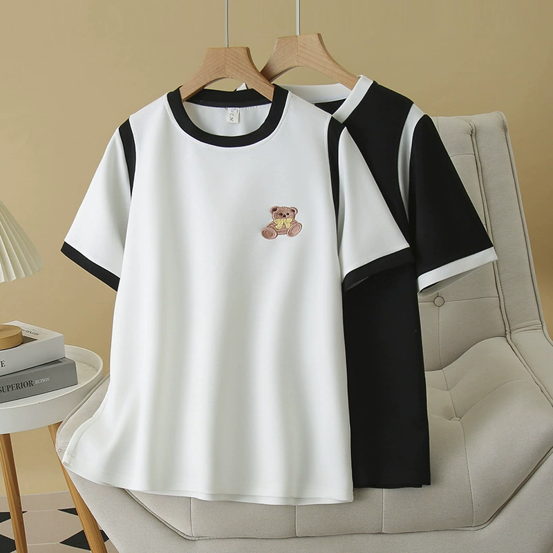 2025 Летняя черно-белая контрастная футболка с короткими рукавами плюс размер женская вышивка медвежонка топ толстая девушка 828