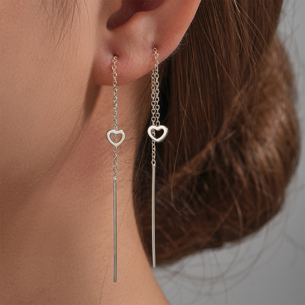 6g Weight 925 Sterling Silver Ear Needle Material Threader Earrings Classification 1 Pair Quantity Daily, Date Occasion 925 Sterling Silver Material Heart Shape Pattern Women's Gender Tassel, Plating Design Sweet Style 1 Pair 925 Sterling Silver Heart Shape Threader Earrings 2