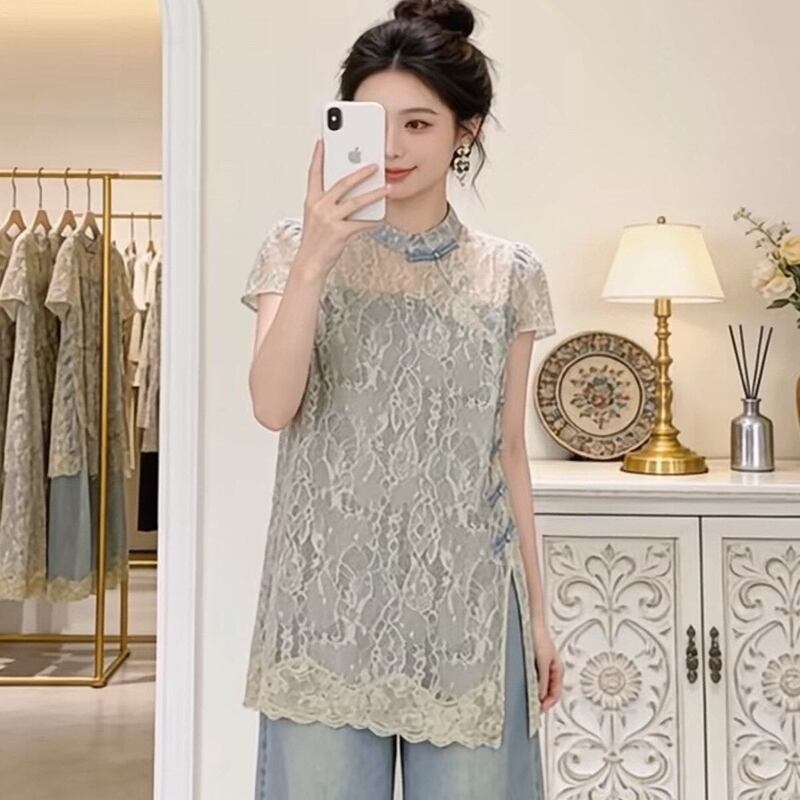 New Chinese-Style National Style Lace Top Layered with Jeans Set for Women, Summer Thin Style, Super Trendy and Beautiful Wide-Leg Pants Two-Piece Set New Chinese-Style National Style Lace Top Layered with Jeans Set for Women, Summer Thin Style, Super Trendy and Beautiful Wide-Leg Pants Two-Piece Set