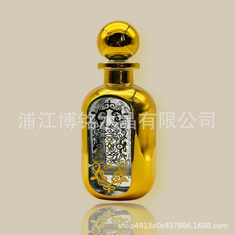 150ML精油瓶电镀雕刻烫金花纹定 做椭圆形香水瓶沉香精油展示容器