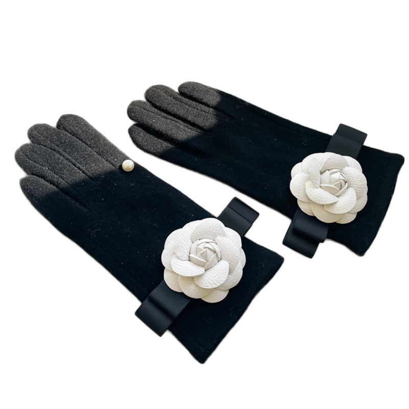 2021 Hierscht / Wanter Designer's kleng parfüméierter Windband Camellia Woll Kaschmir Split Fanger Handschuhe_voghion.com