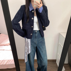 温柔蓝色小香风气质假两件开衫外套女2025秋冬款绝美显瘦短款上衣