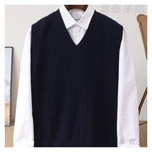 秋冬新款条纹纯羊毛衫男士V领无袖马甲针织背心V领百搭羊毛坎肩男
