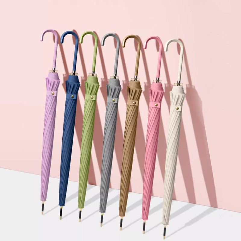 Japanese Retro Fresh Color Straight Umbrella Sun Protection Leather Curved Handle Gift Advertising Umbrella 16-Rib Automatic Umbrella