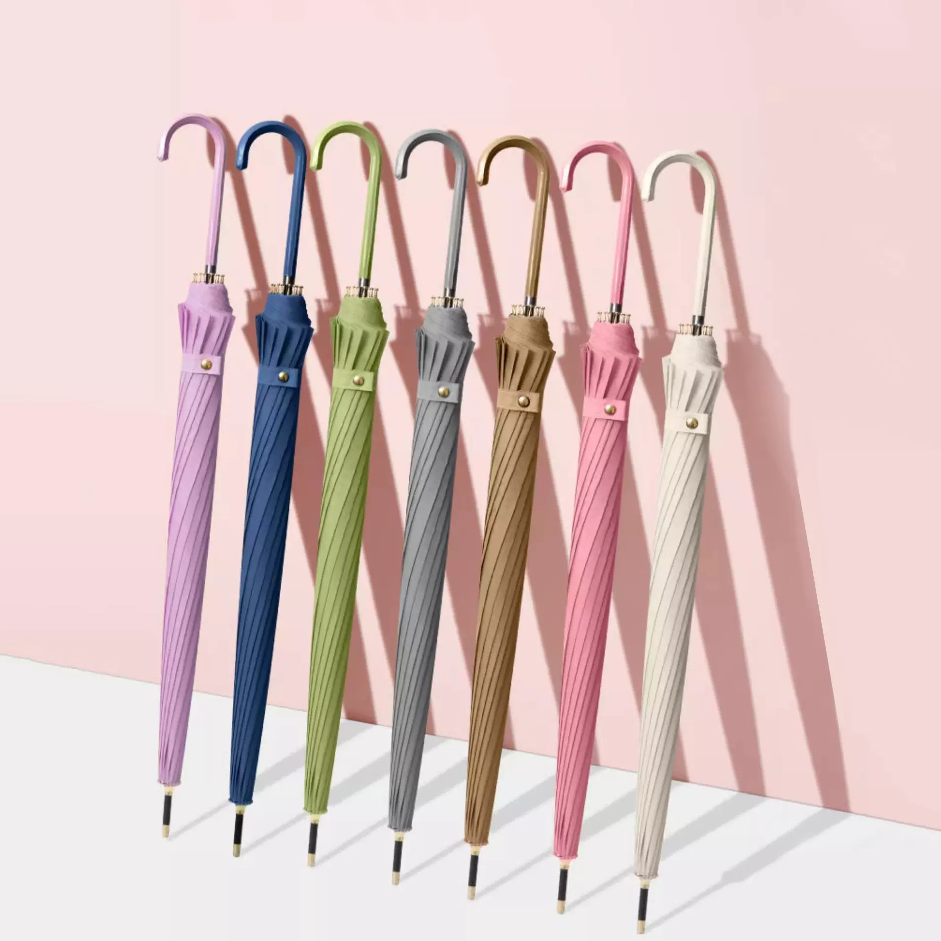 日系复古小清新配色直杆伞防晒皮质弯柄礼品广告伞16骨自动雨伞