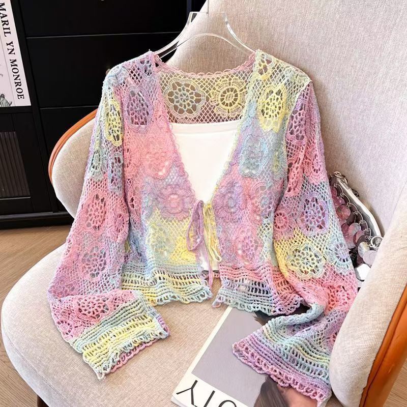 Rainbow Gradient Dopamine Hollow-Out Crochet Knit Cardigan for Women, Spring V-Neck Tie-Up Layered Bell Sleeve Top, Trendy