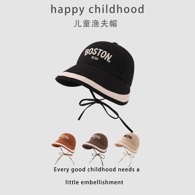 Sombrero de pescador para niños primavera y otoño letras extranjeras bordadas correa anti-caída sombrero de sombrero para bebés al aire libre gorra de protección solar