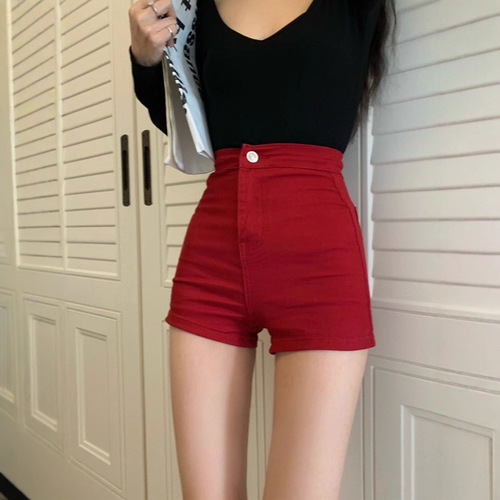 Small-sized red high-waisted denim shorts for women, summer style, American-style cool girl elastic slim-fit figure-flattering hot pants.