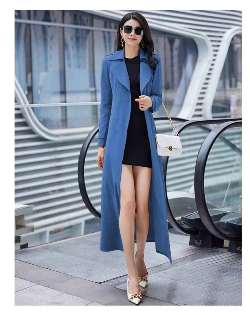 Осеннее удлиненное пальто-тренч, длинная подтяжка, slim fit, большой размер