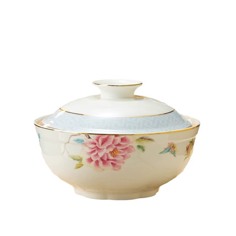 New bone china soup bowl with lid, high-end restaurant, commercial ceramic large stew bowl, household basin, household tableware, simple style