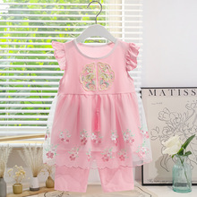 工厂特价批发1-4岁A类奥戴尔面料网纱刺绣花朵女宝宝短袖两件套装