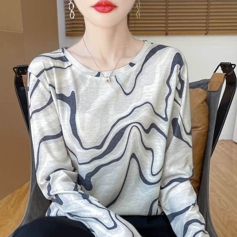 跨境莱赛尔天丝2025秋季女士扎染短款休闲圆领长袖打底衫毛衣百搭|undefined