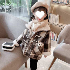 女童格子外套一体绒棉衣2025冬款新品女宝宝时尚加厚连帽长袖外套