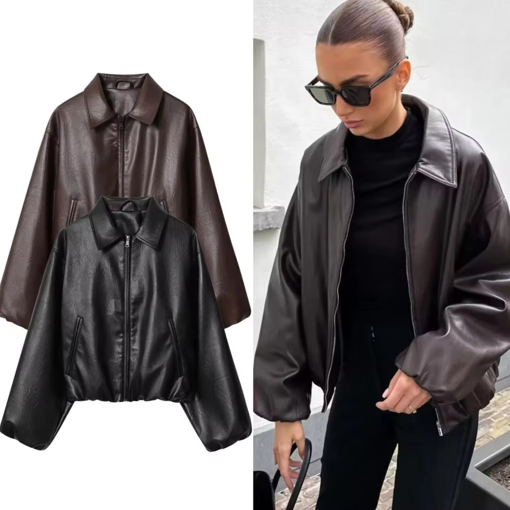 Cross-Border European and American Style Autumn and Winter New Fashion Temperament Women's Lapel Long-Sleeved Loose Leather Jacket