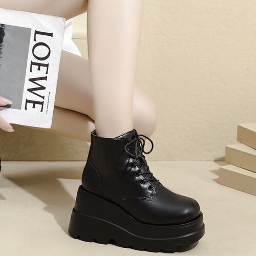 Slope heel cos heightening shoes 20cm sponge bottom Martin boots spring and autumn British style short boots women's short boots heightening shoes 