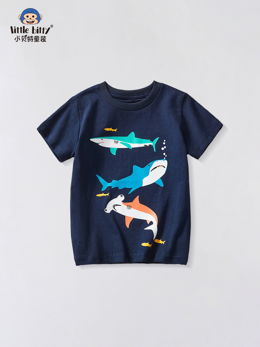 2025 New Ocean Shark Boys Round Neck Short t Children's Cartoon Baby Tops Summer Children's Clothes Children's Summer