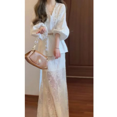 2025秋季新中式国风巨好看V领灯笼袖上衣&网纱鱼尾半身裙套装女装