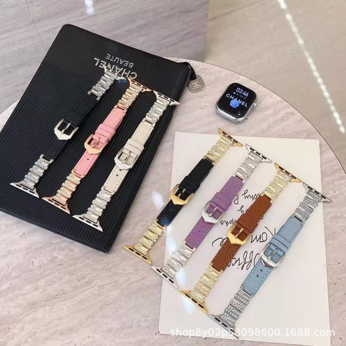 Litchi Pattern Asymmetrical Diamond Suitable for Apple Iwatch11 Xiaomi Bracelet 10 Huawei Gt Strap Wristband Wholesale