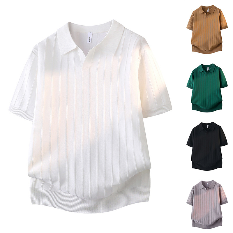 Polo camiseta de punto camiseta de manga corta hombre cuello V gaviota cuello viejo dinero viento rayas camiseta de hielo viejo dinero viento seda enfriamiento