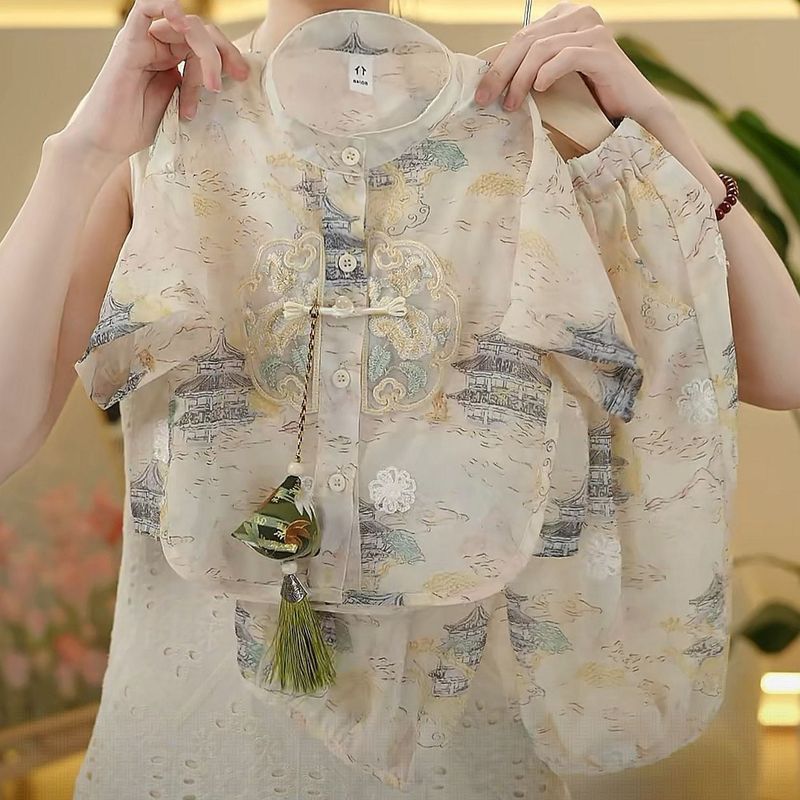 男の子中国風漢服スーツ薄い子供服新しい夏の子供ベビー刺繍ボタンシャツ唐スーツ|undefined