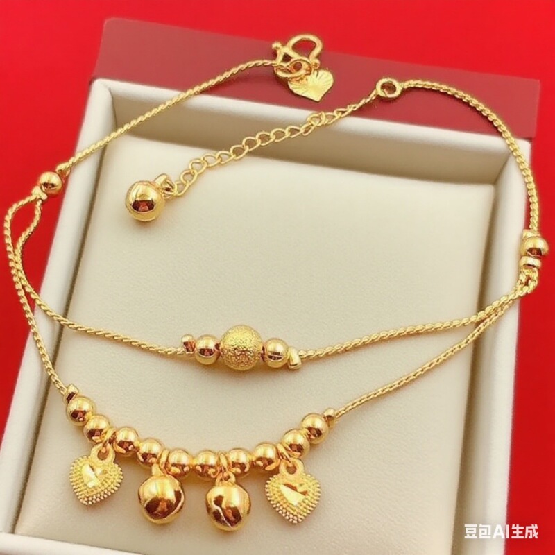 New Vietnamese Sand Gold Anklet for Women, Fashionable Gold-Plated Bell Transfer Beads, Heart-Shaped Anklet, Double-Layered, Long-Lasting New Vietnamese Sand Gold Anklet for Women, Fashionable Gold-Plated Bell Transfer Beads, Heart-Shaped Anklet, Double-Layered, Long-Lasting